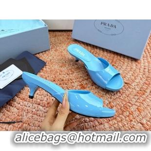 Top Grade Prada Patent Leather Kitten Heel Slides Sandals 6050815 Light Blue