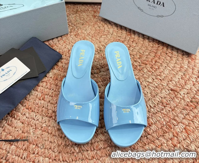 Top Grade Prada Patent Leather Kitten Heel Slides Sandals 6050815 Light Blue
