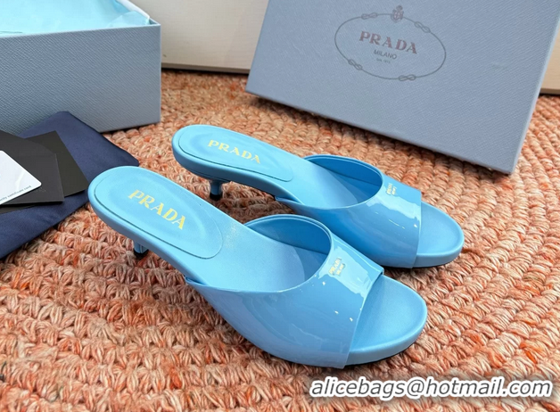 Top Grade Prada Patent Leather Kitten Heel Slides Sandals 6050815 Light Blue