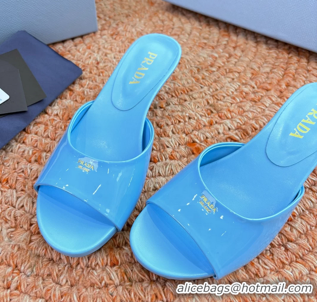 Top Grade Prada Patent Leather Kitten Heel Slides Sandals 6050815 Light Blue