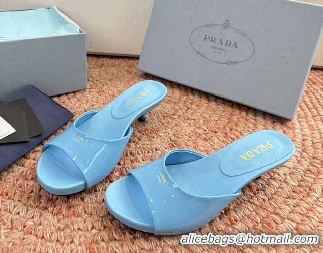 Top Grade Prada Patent Leather Kitten Heel Slides Sandals 6050815 Light Blue