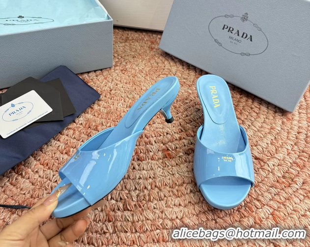Top Grade Prada Patent Leather Kitten Heel Slides Sandals 6050815 Light Blue