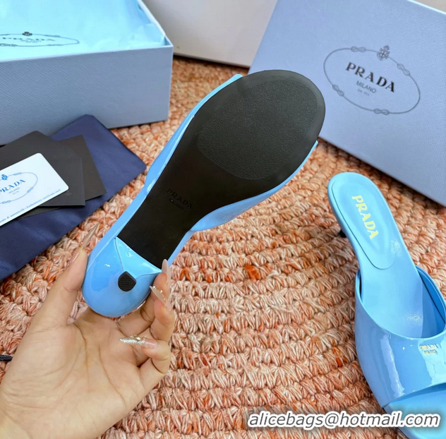 Top Grade Prada Patent Leather Kitten Heel Slides Sandals 6050815 Light Blue