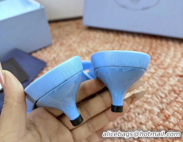 Top Grade Prada Patent Leather Kitten Heel Slides Sandals 6050815 Light Blue
