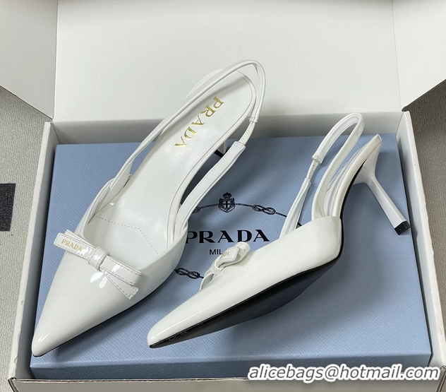 Classic Practical Prada Bowknot White Patent Leather Slingback Pumps 75MM 6050816 White