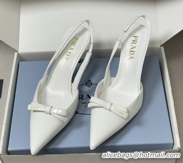 Classic Practical Prada Bowknot White Patent Leather Slingback Pumps 75MM 6050816 White