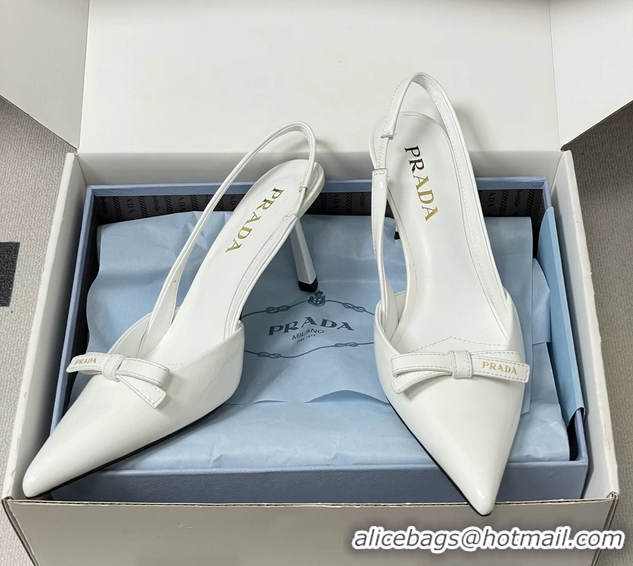 Classic Practical Prada Bowknot White Patent Leather Slingback Pumps 75MM 6050816 White