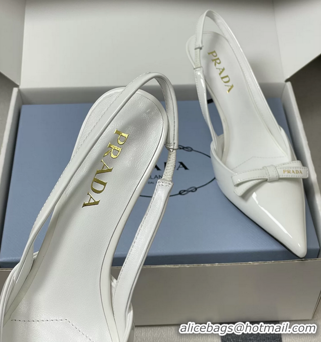 Classic Practical Prada Bowknot White Patent Leather Slingback Pumps 75MM 6050816 White