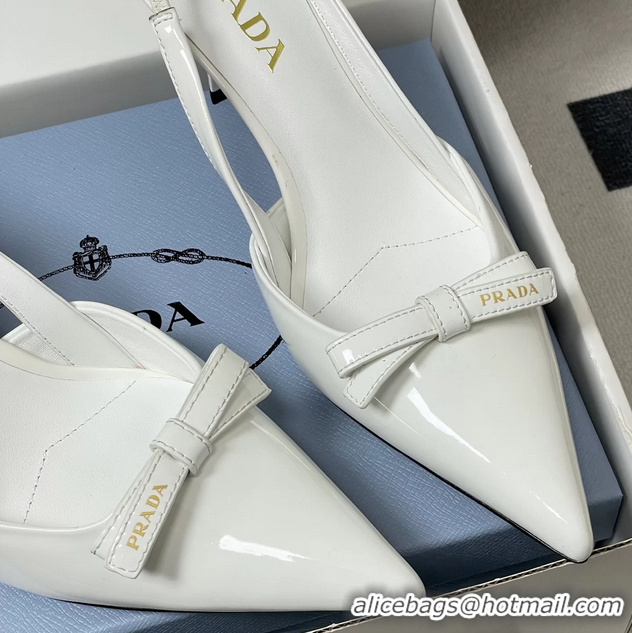 Classic Practical Prada Bowknot White Patent Leather Slingback Pumps 75MM 6050816 White