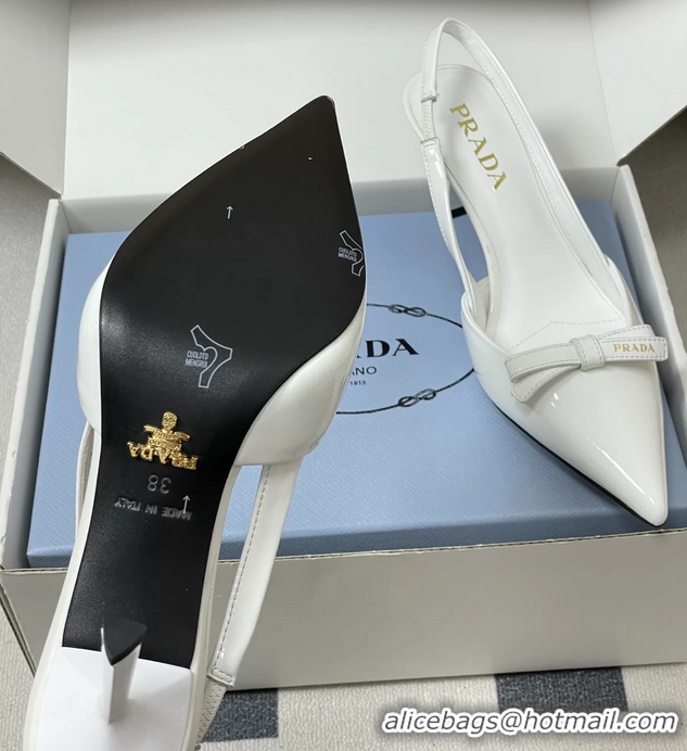 Classic Practical Prada Bowknot White Patent Leather Slingback Pumps 75MM 6050816 White