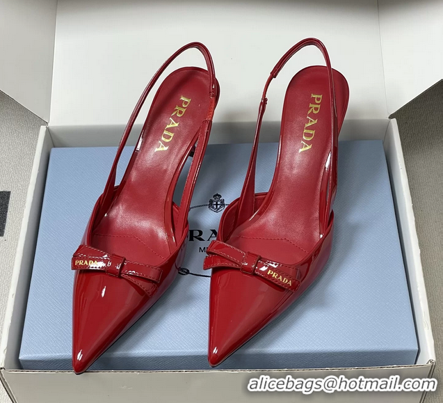 Duplicate Prada Bowknot Red Patent Leather Slingback Pumps 75MM 6050816 Red 