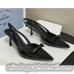Original Cheap Prada Bowknot Black Patent Leather Slingback Pumps 75MM 6051001