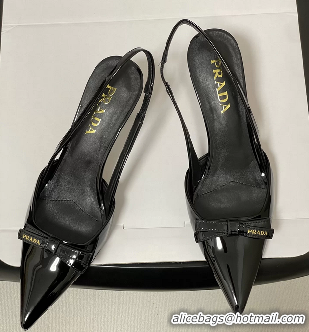 Original Cheap Prada Bowknot Black Patent Leather Slingback Pumps 75MM 6051001