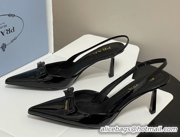 Original Cheap Prada Bowknot Black Patent Leather Slingback Pumps 75MM 6051001