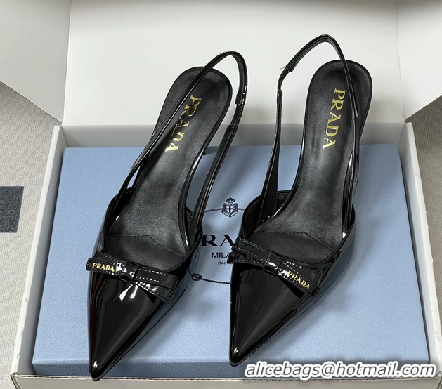 Original Cheap Prada Bowknot Black Patent Leather Slingback Pumps 75MM 6051001
