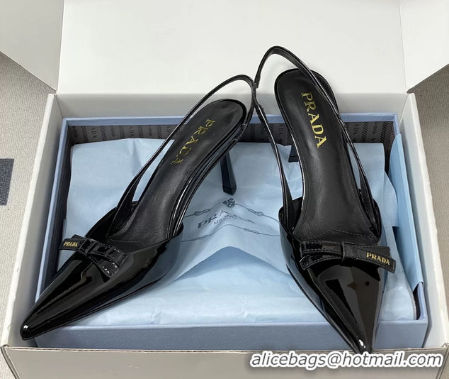 Original Cheap Prada Bowknot Black Patent Leather Slingback Pumps 75MM 6051001