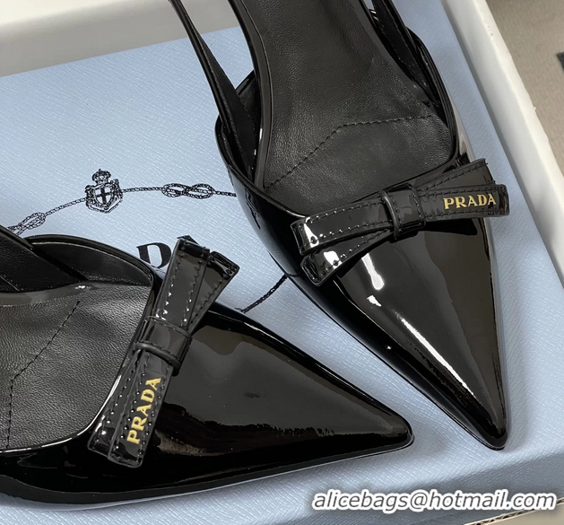 Original Cheap Prada Bowknot Black Patent Leather Slingback Pumps 75MM 6051001