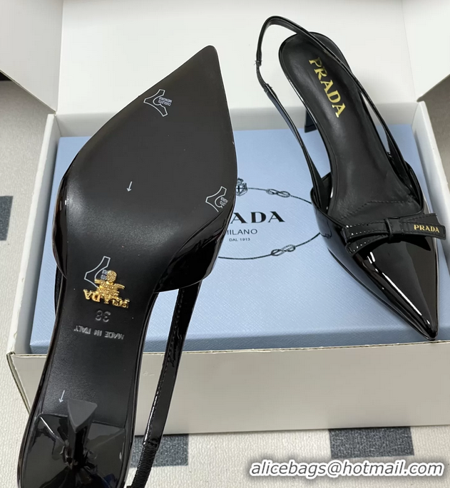 Original Cheap Prada Bowknot Black Patent Leather Slingback Pumps 75MM 6051001