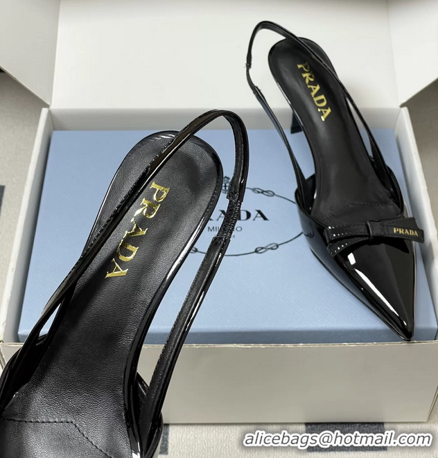 Original Cheap Prada Bowknot Black Patent Leather Slingback Pumps 75MM 6051001