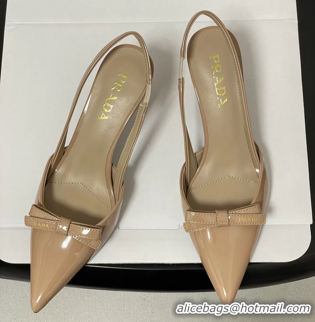 Low Price Prada Bowknot Beige Patent Leather Slingback Pumps 75MM 6051001 Beige
