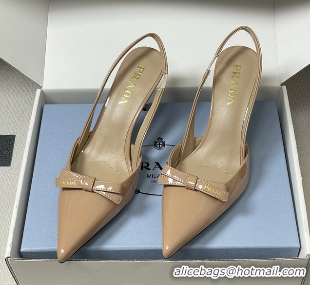 Low Price Prada Bowknot Beige Patent Leather Slingback Pumps 75MM 6051001 Beige