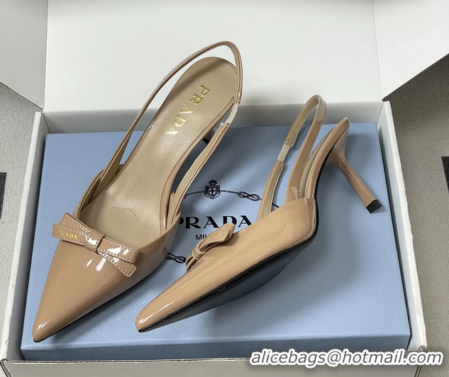 Low Price Prada Bowknot Beige Patent Leather Slingback Pumps 75MM 6051001 Beige