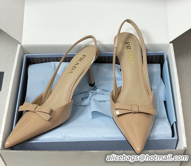 Low Price Prada Bowknot Beige Patent Leather Slingback Pumps 75MM 6051001 Beige
