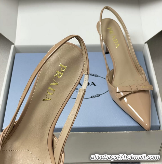 Low Price Prada Bowknot Beige Patent Leather Slingback Pumps 75MM 6051001 Beige