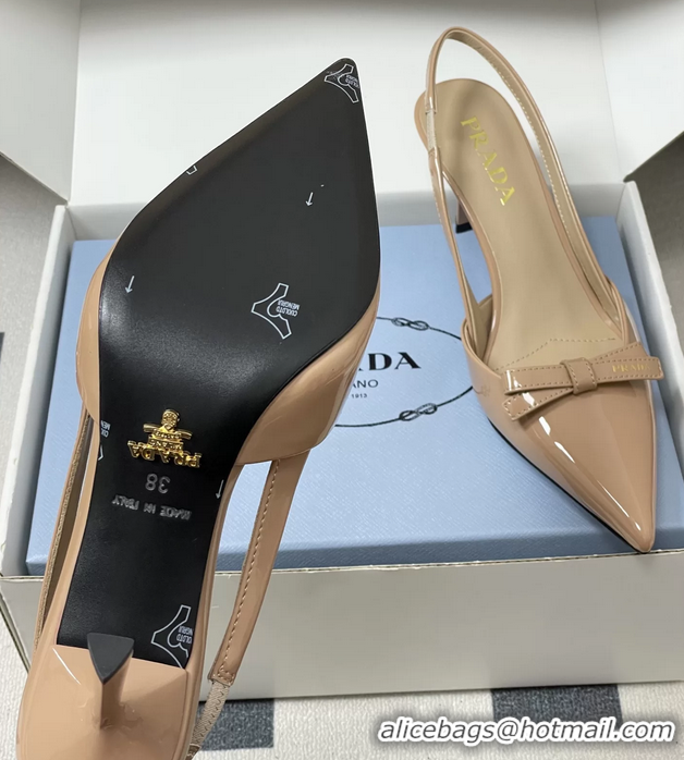 Low Price Prada Bowknot Beige Patent Leather Slingback Pumps 75MM 6051001 Beige