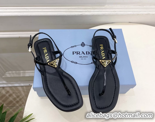 Youthful Prada Black Patent Leather Flat Thong Sandals 6051002 Black