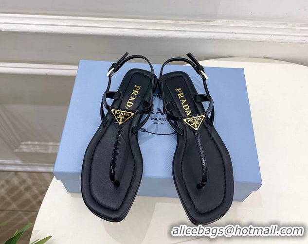 Youthful Prada Black Patent Leather Flat Thong Sandals 6051002 Black