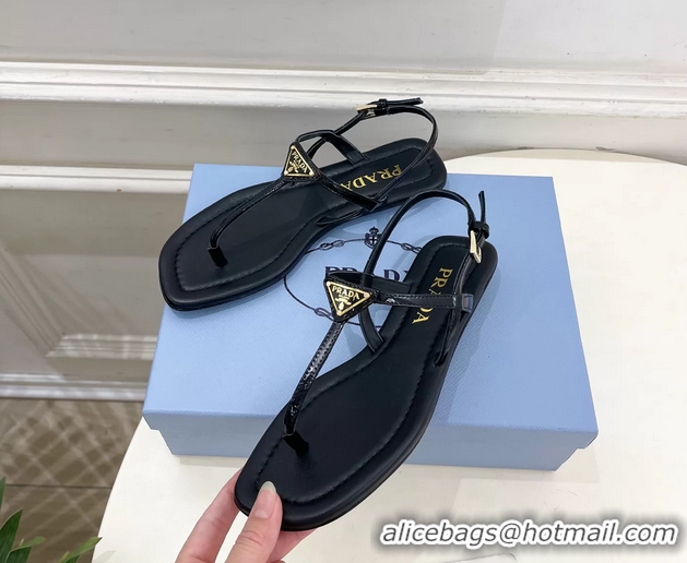Youthful Prada Black Patent Leather Flat Thong Sandals 6051002 Black