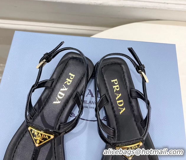 Youthful Prada Black Patent Leather Flat Thong Sandals 6051002 Black