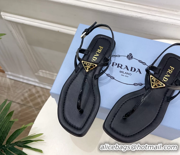 Youthful Prada Black Patent Leather Flat Thong Sandals 6051002 Black