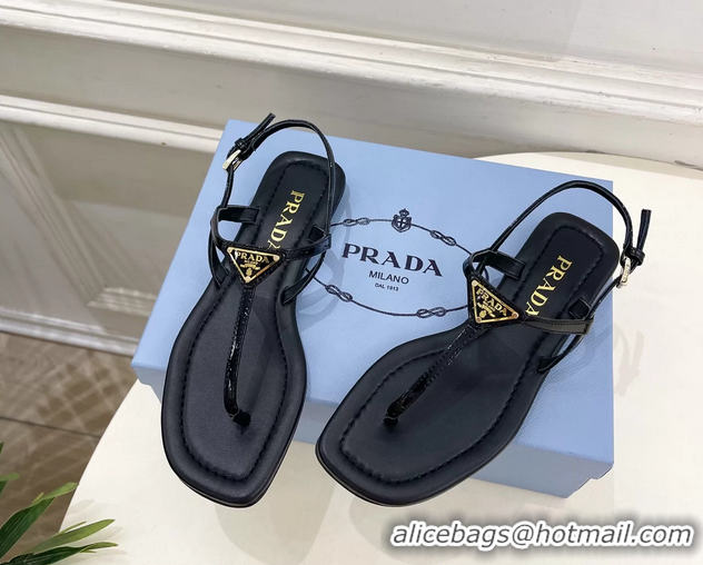 Youthful Prada Black Patent Leather Flat Thong Sandals 6051002 Black