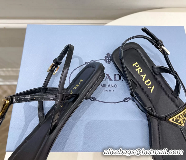 Youthful Prada Black Patent Leather Flat Thong Sandals 6051002 Black