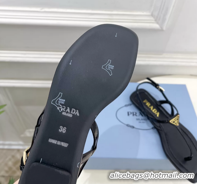 Youthful Prada Black Patent Leather Flat Thong Sandals 6051002 Black