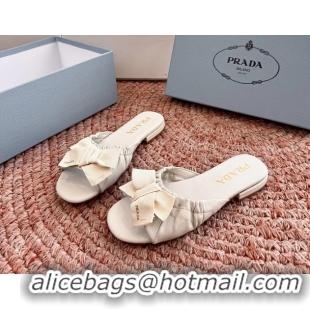 Good Looking Prada Bow White Leather Flat Slides Sandals 6051003 White