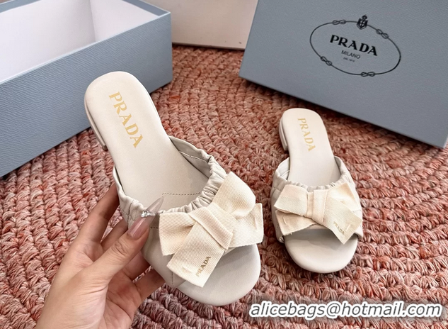 Good Looking Prada Bow White Leather Flat Slides Sandals 6051003 White
