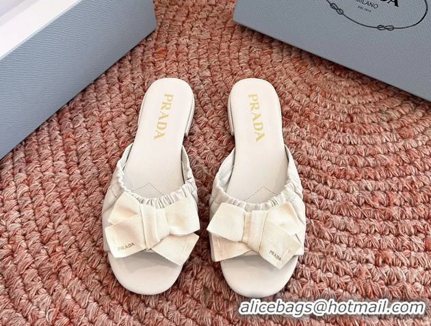 Good Looking Prada Bow White Leather Flat Slides Sandals 6051003 White