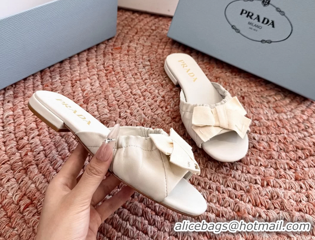 Good Looking Prada Bow White Leather Flat Slides Sandals 6051003 White