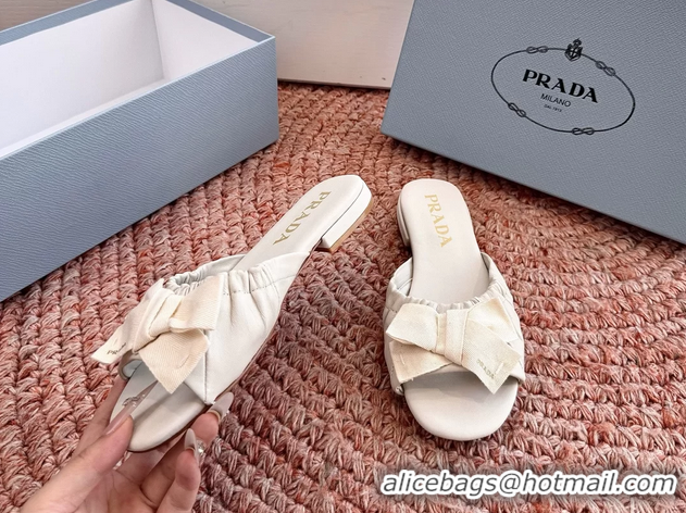 Good Looking Prada Bow White Leather Flat Slides Sandals 6051003 White