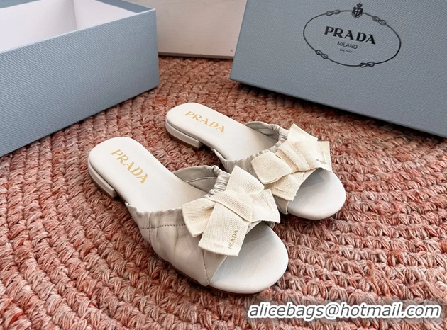 Good Looking Prada Bow White Leather Flat Slides Sandals 6051003 White