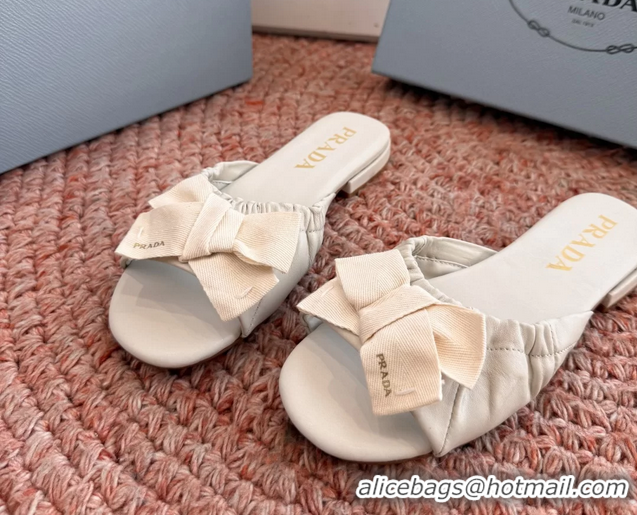 Good Looking Prada Bow White Leather Flat Slides Sandals 6051003 White