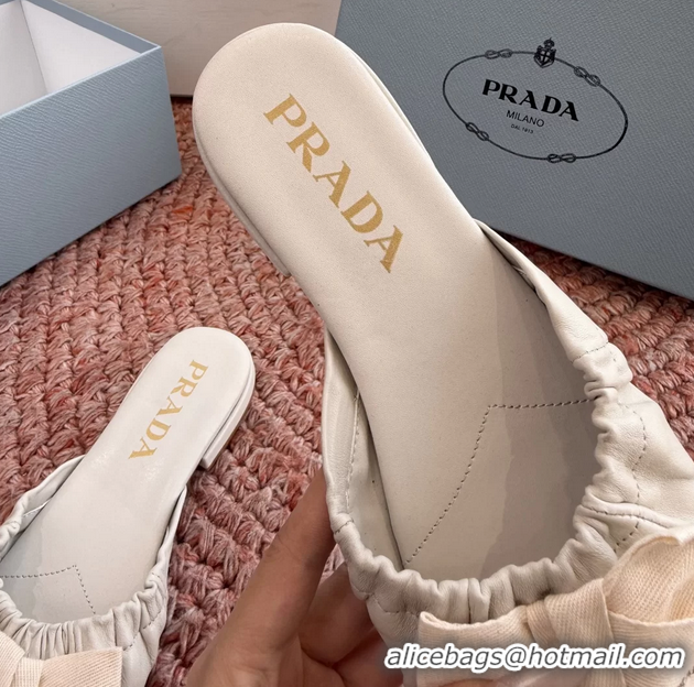 Good Looking Prada Bow White Leather Flat Slides Sandals 6051003 White