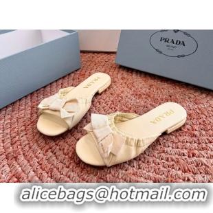 Top Grade Prada Bow Light Yellow Leather Flat Slides Sandals 6051003 Yellow