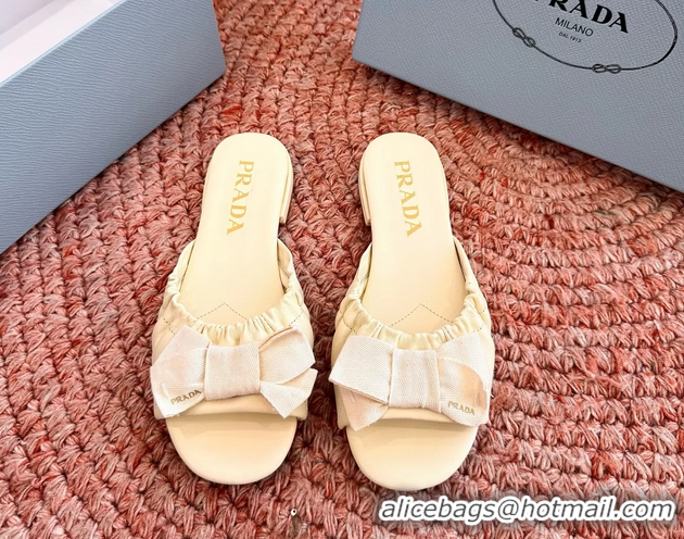 Top Grade Prada Bow Light Yellow Leather Flat Slides Sandals 6051003 Yellow