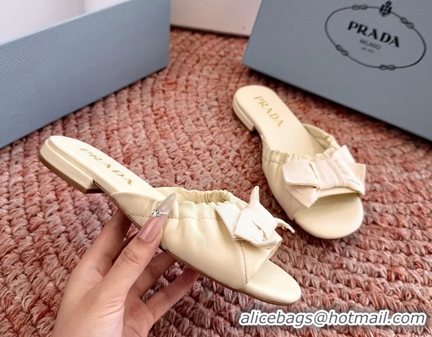 Top Grade Prada Bow Light Yellow Leather Flat Slides Sandals 6051003 Yellow