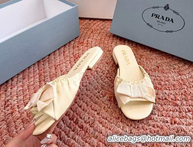 Top Grade Prada Bow Light Yellow Leather Flat Slides Sandals 6051003 Yellow