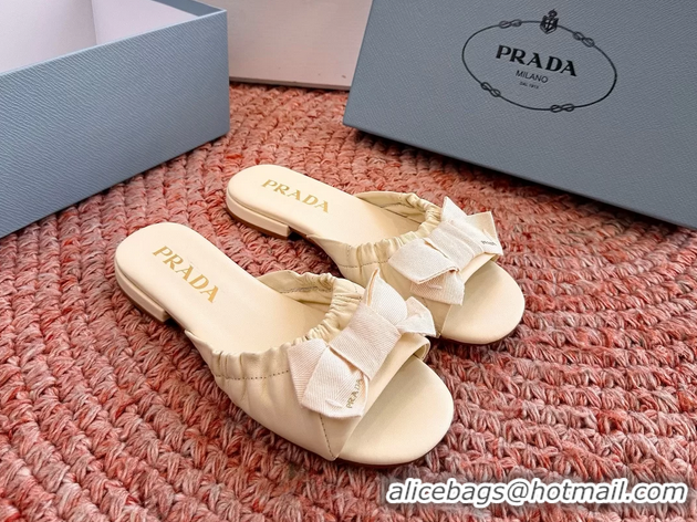 Top Grade Prada Bow Light Yellow Leather Flat Slides Sandals 6051003 Yellow